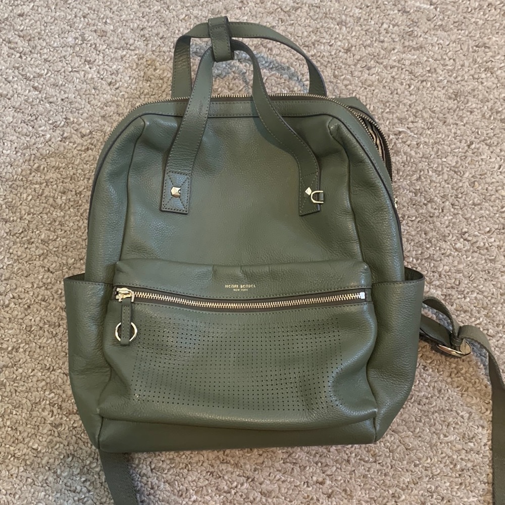 Henri Bendel Olive Green Leather Influencer Backpack - rare